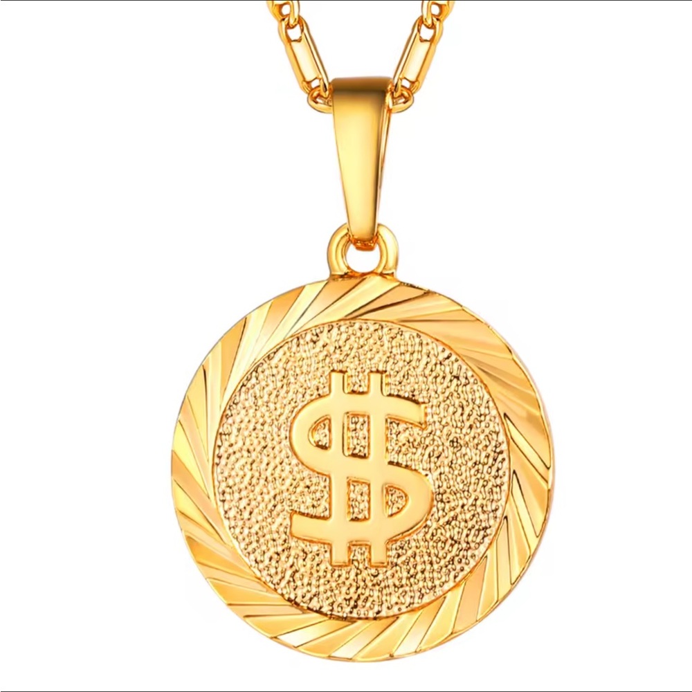 Gold Dollar Sign Round Pendant Necklace - Women Jewelry